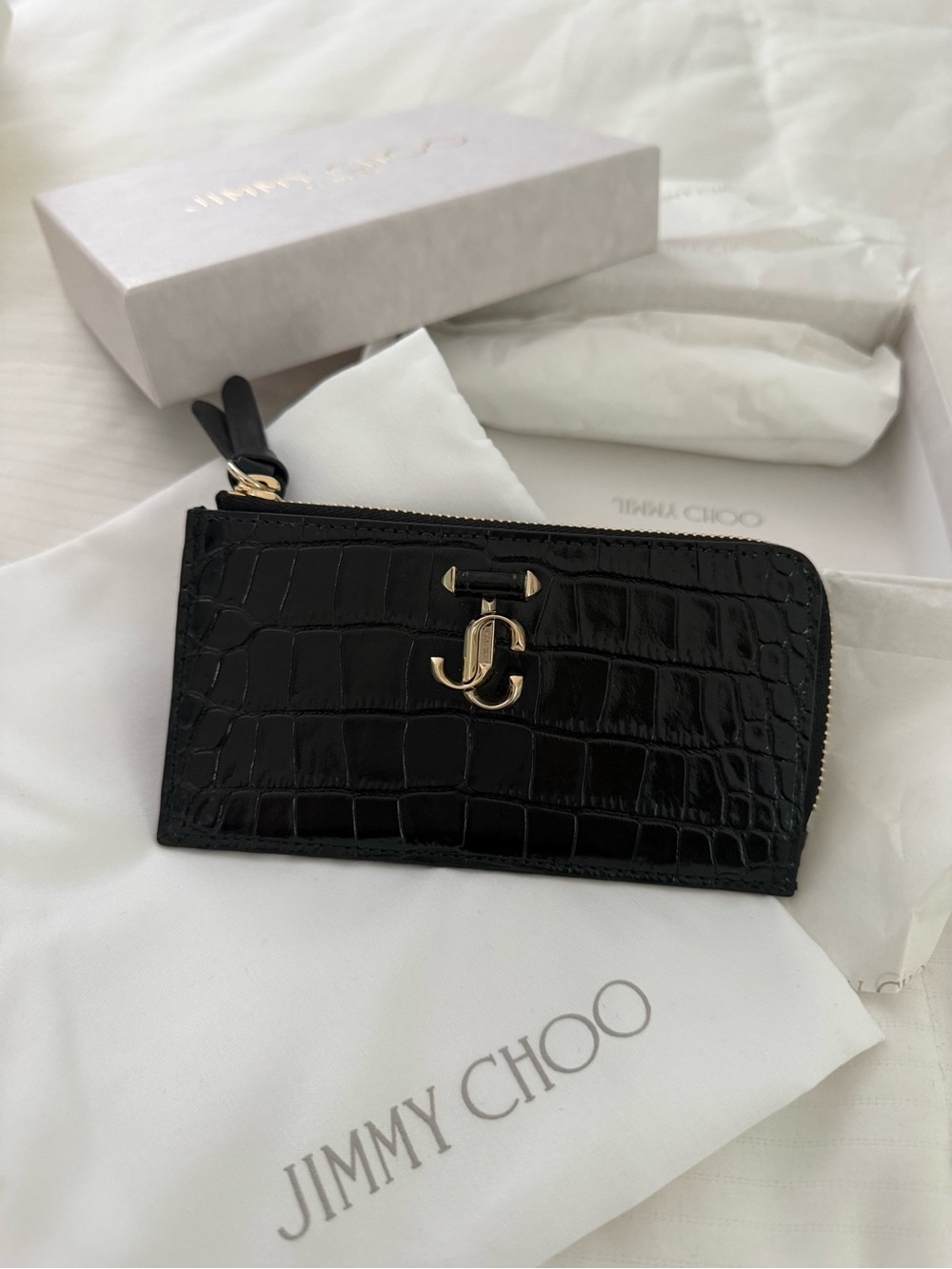 Jimmy Choo Black Croc-Embossed Leather Zip Card Case with Gold JC Logo - Picture 3 of 13